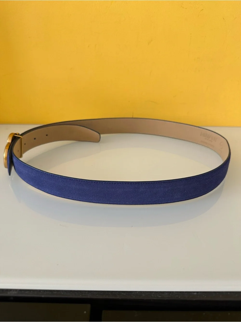 Nimany Bespoke Art Luna Blue Suede Belt with Vintage Gold Tone Buckle Size M
